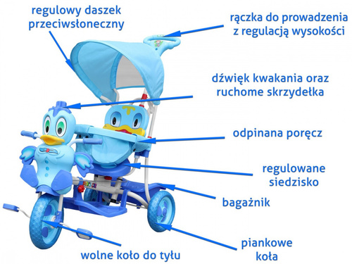 3-kołowy Rowerek dla dzieci Kaczka Niebieski + Dźwięki + Daszek + Barierka + Podnóżek + Rączka + Schowek