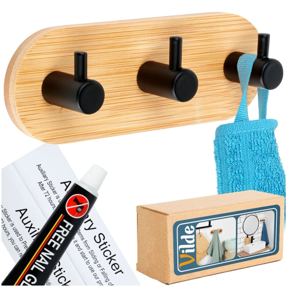 Haczyk wieszak samoprzylepny bambusowy metalowy czarny potrójny 14x3,5x5 cm