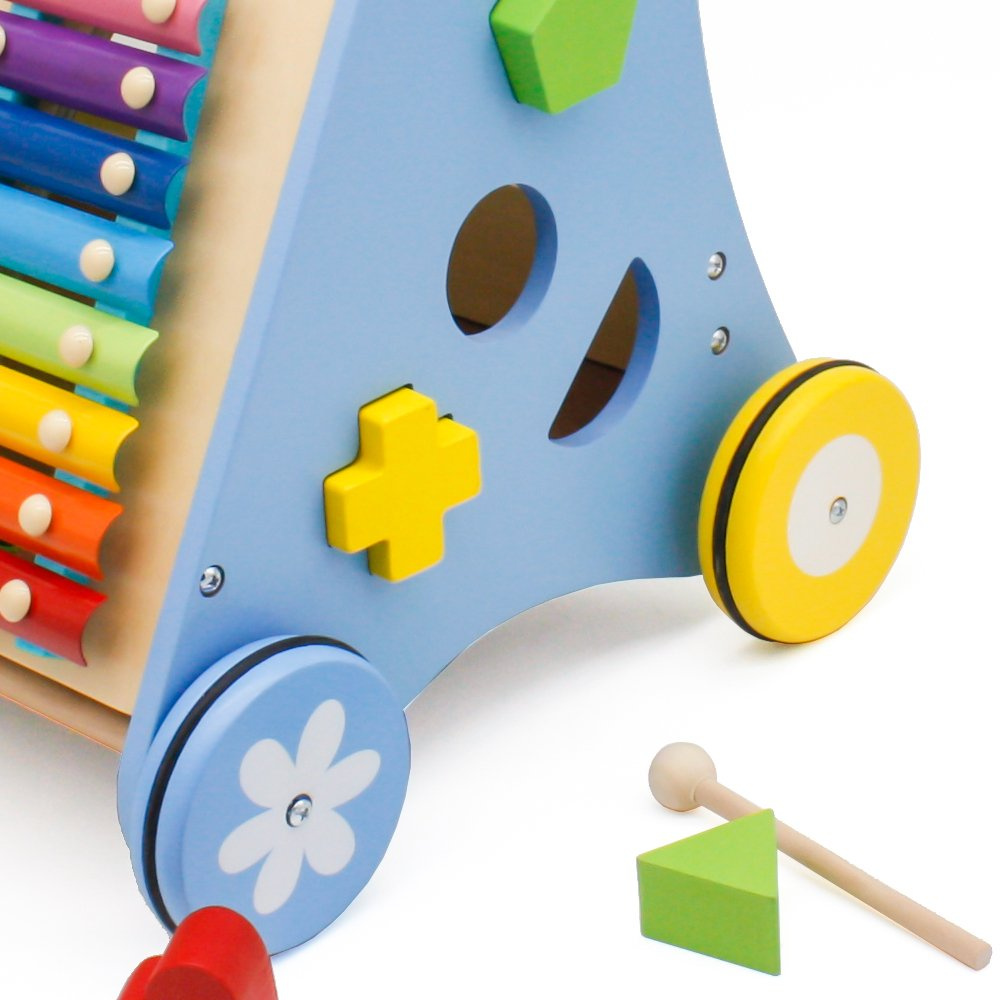 Pchacz chodzik drewniany edukacyjny sorter liczydło cymbałki bębenek 