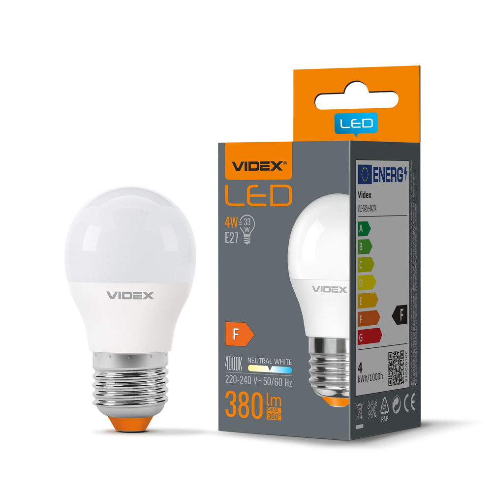 Żarówka LED E27 G45 Kulka 4W = 33W 380lm 4000K Neutralna Biel 240° Videx