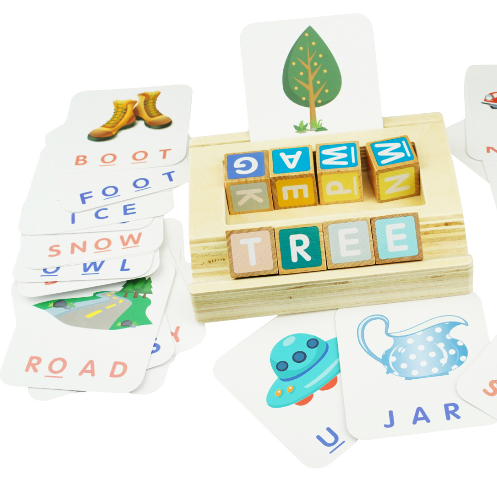Karty językowe do układania literek i słów na drewnianej podstawce literowanie