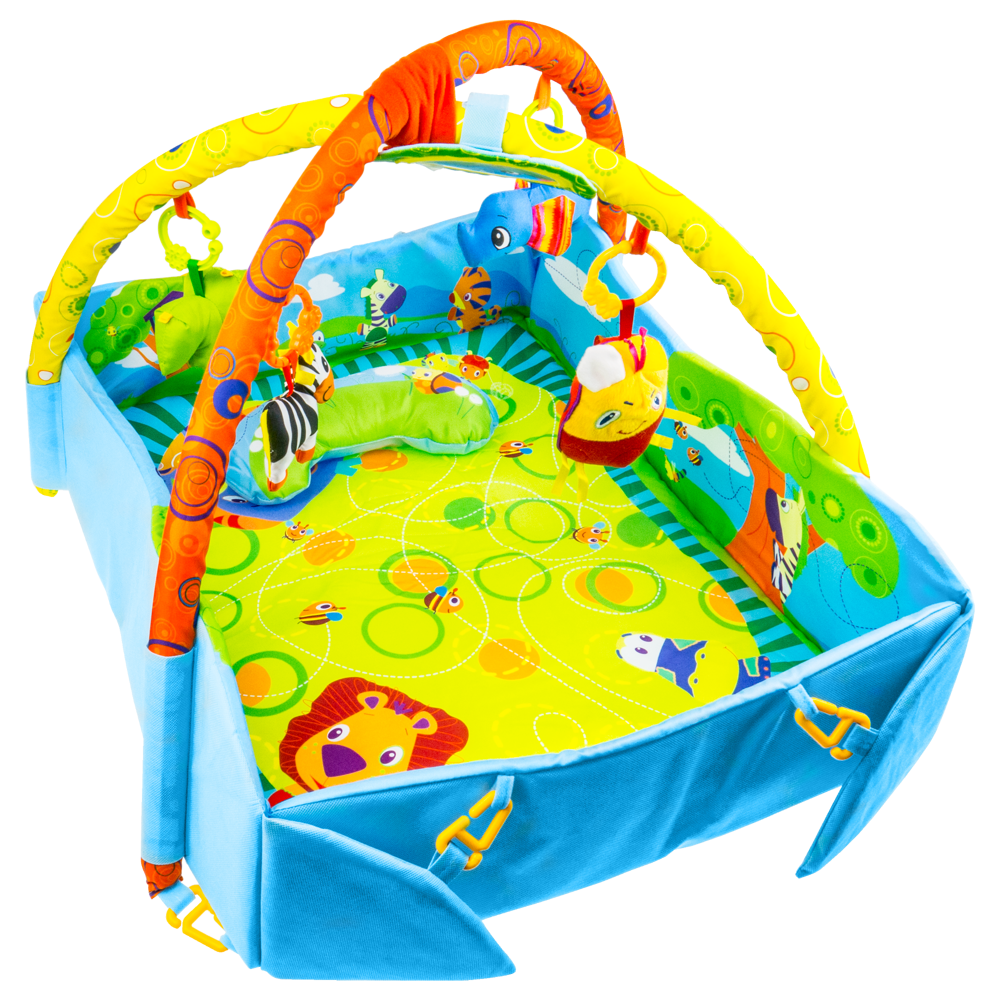 Mata edukacyjna kojec 2w1 z zabawkami i zagłówkiem