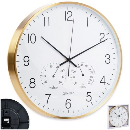 Zegar ścienny z termometrem i higrometrem biały złoty 38 cm