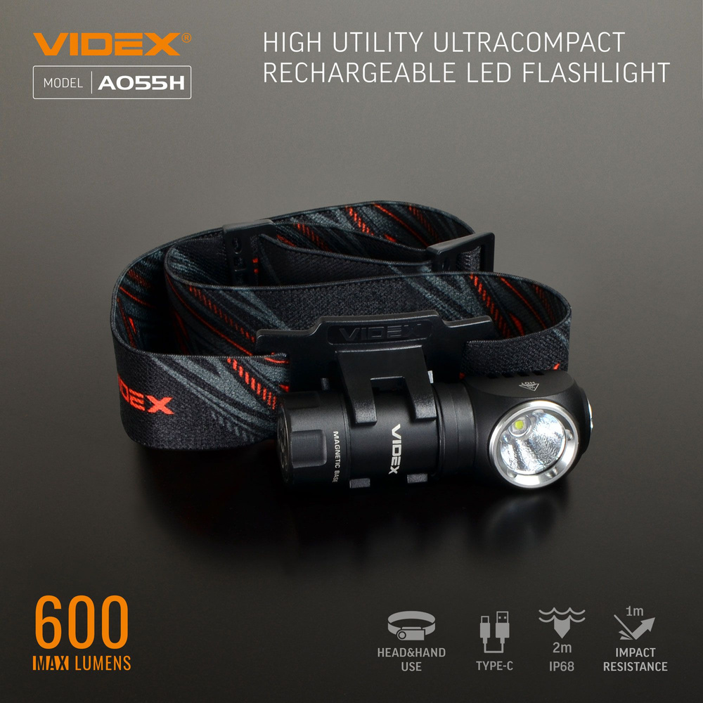Latarka Videx 600lm IP68 LED 8 trybów zasięg 115m czołówka +PASEK NA GŁOWĘ