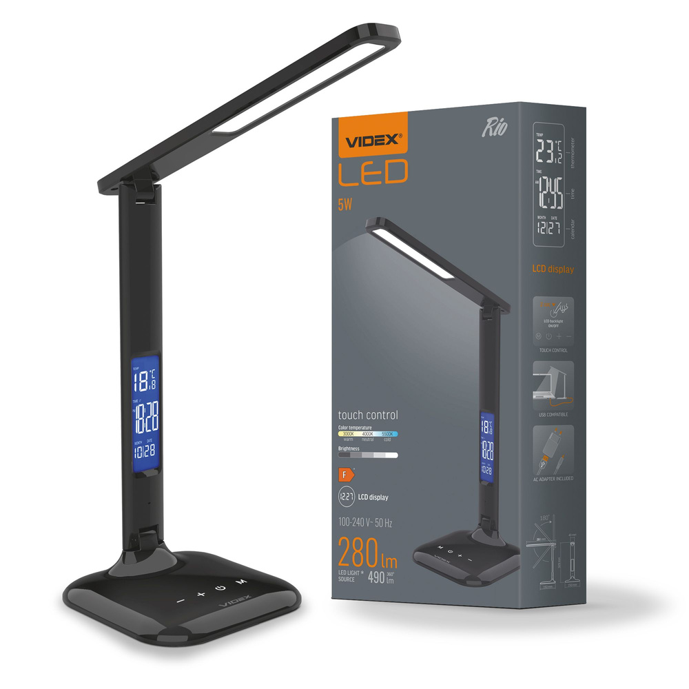 Lampka Biurkowa Videx LED 5W 490lm 5500K Zimna Czarna Ściemnialna RIO