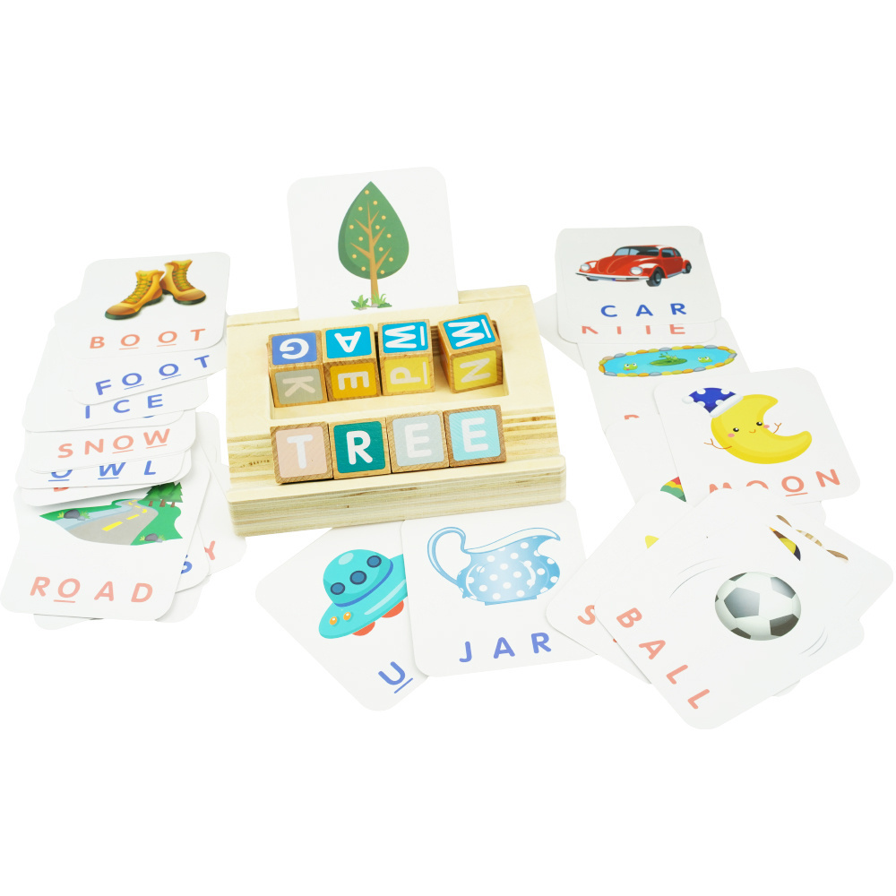 Karty językowe do układania literek i słów na drewnianej podstawce literowanie