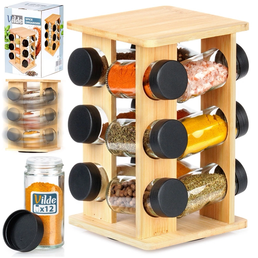 Stojak na przyprawy z pojemnikami bambusowy obrotowy 13 el.