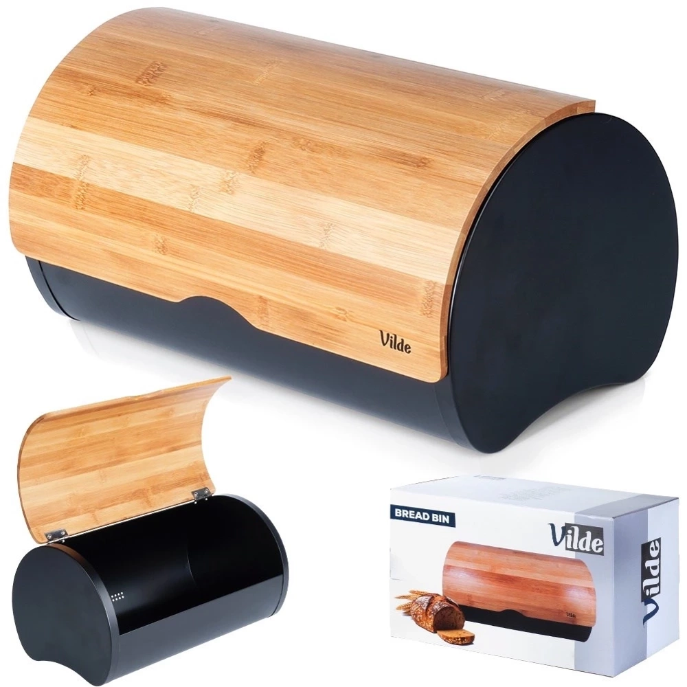 Chlebak stalowy bambusowy czarny 38x24x20 cm