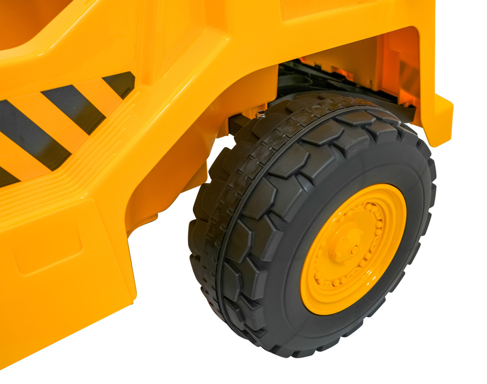 Wywrotka Caterpillar na akumulator dla dzieci Żółty + Ruchomy kiper + Łopatka + Megafon + Audio LED + Ekoskóra