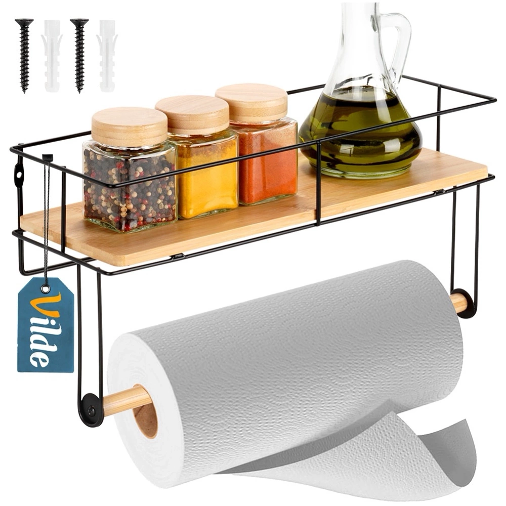 Wieszak na ręcznik papierowy z półką metalowy czarny 37x12,5x18,5 cm