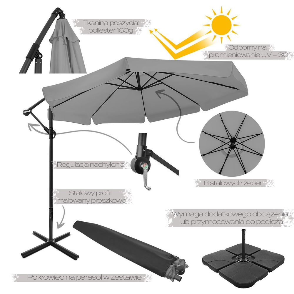 Składany parasol ogrodowy 350 cm XXL pokrowiec grafitowy 8-ramienny
