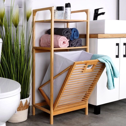Regał łazienkowy z koszem na pranie bambusowy 39,5x30x49 cm