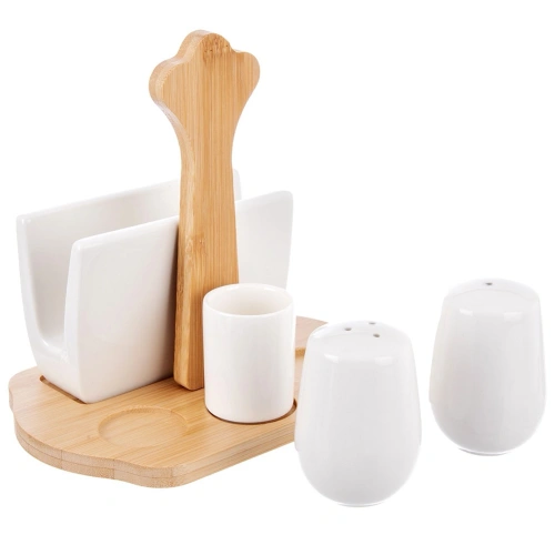 Solniczka i pieprzniczka porcelanowa ze stojakiem i serwetnikiem WHITELINE 5 el.