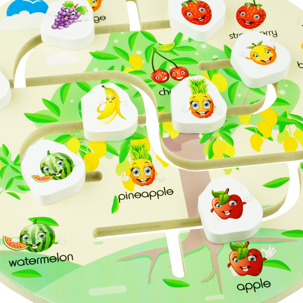 Drewniana kolorowa układanka labirynt z torem ruchu owoce drewno