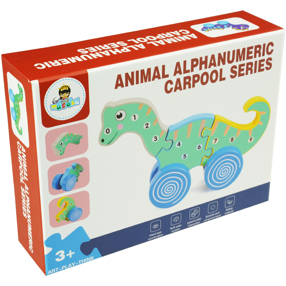 Drewniana układanka puzzle 3D dinozaur na kółka do ciągnięcia 