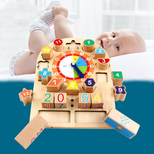 Drewniany zegar sorter z wyjmowanymi cyferkami, pory dnia i pogoda