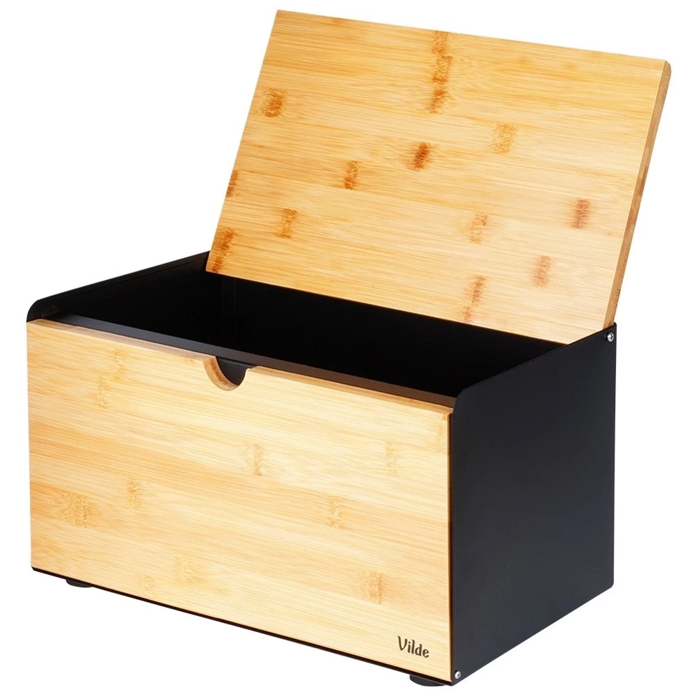 Chlebak bambusowy metalowy czarny podwójna pokrywa 35,5x22x20,5 cm