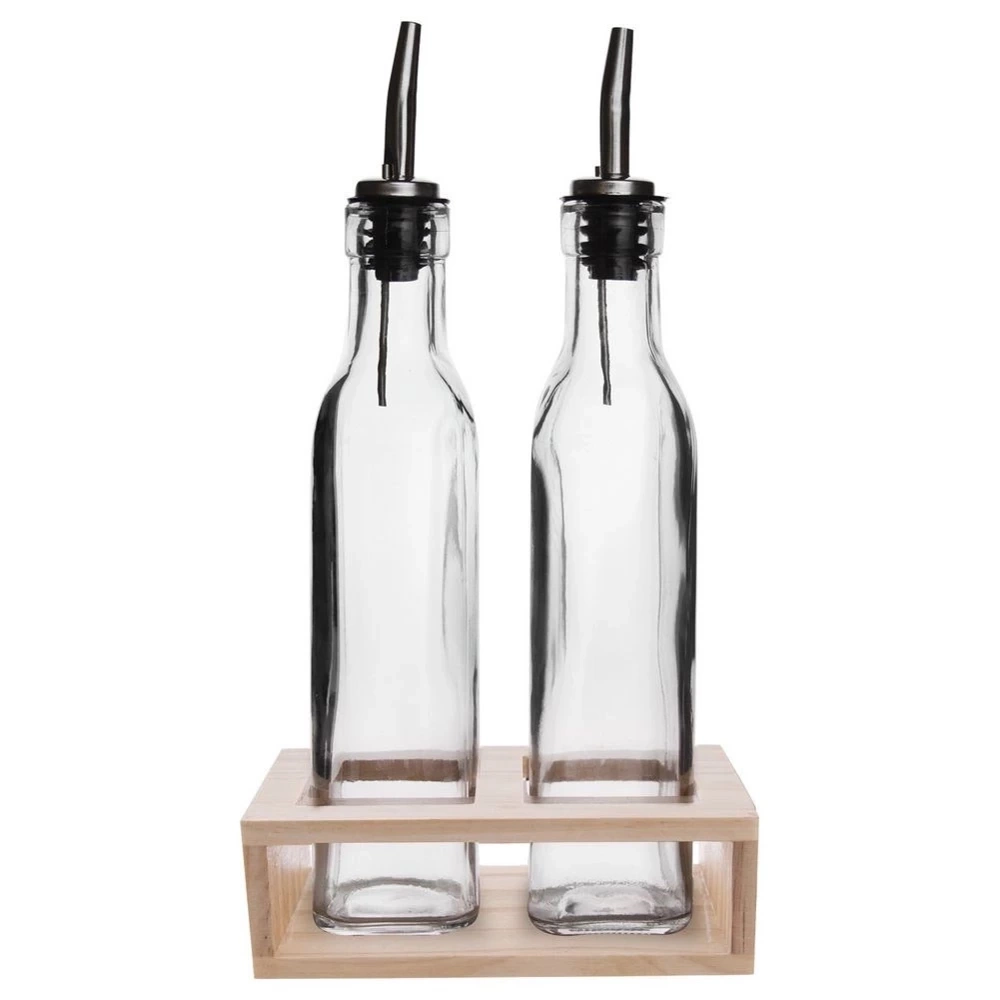 Butelki na oliwę i ocet szklane z dozownikiem w stojaku 2x 300 ml 3 el.