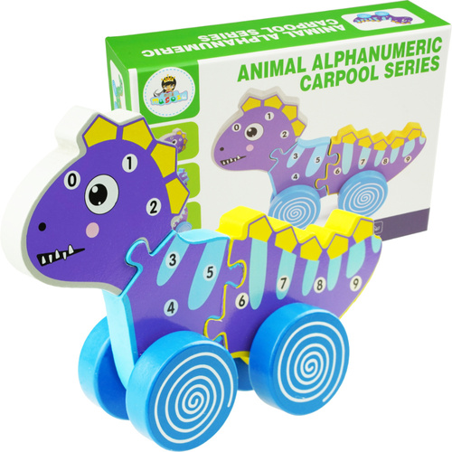 Drewniana zabawka 3D Dinozaur na kółka do ciągnięcia