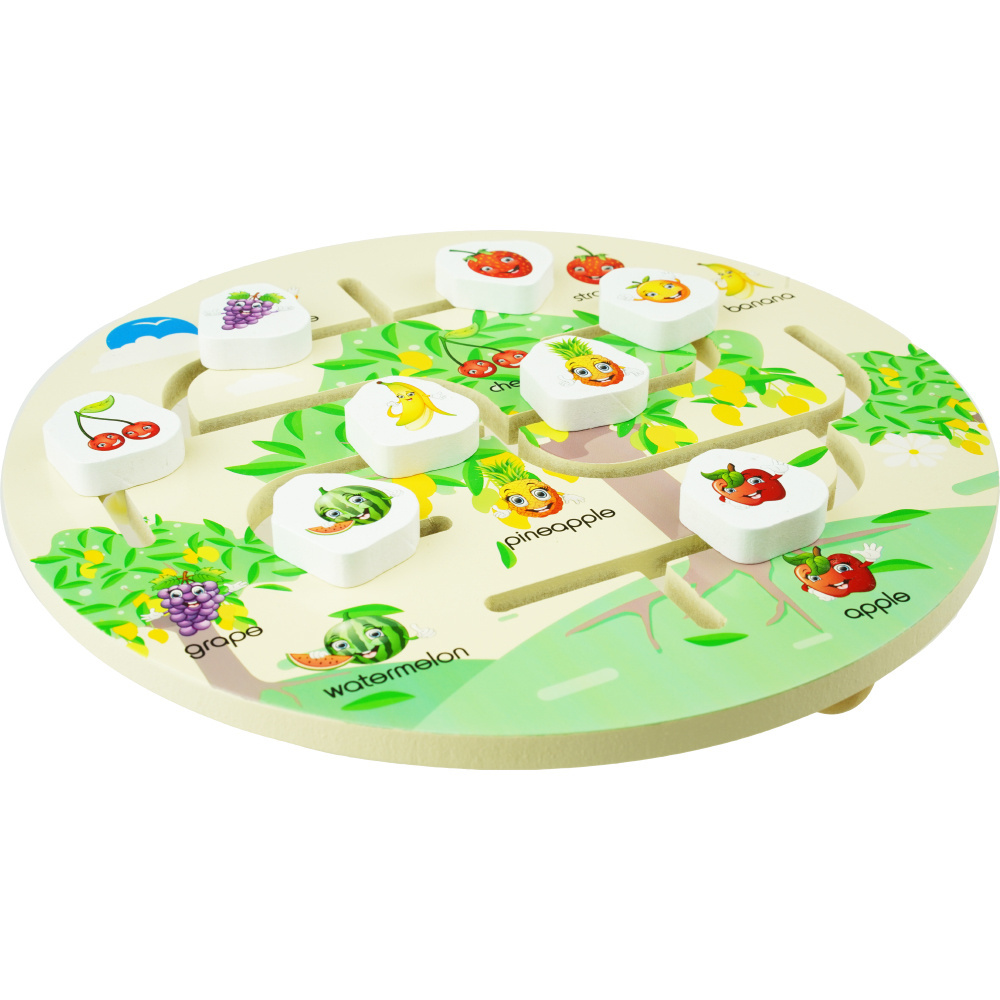 Drewniana kolorowa układanka labirynt z torem ruchu owoce drewno