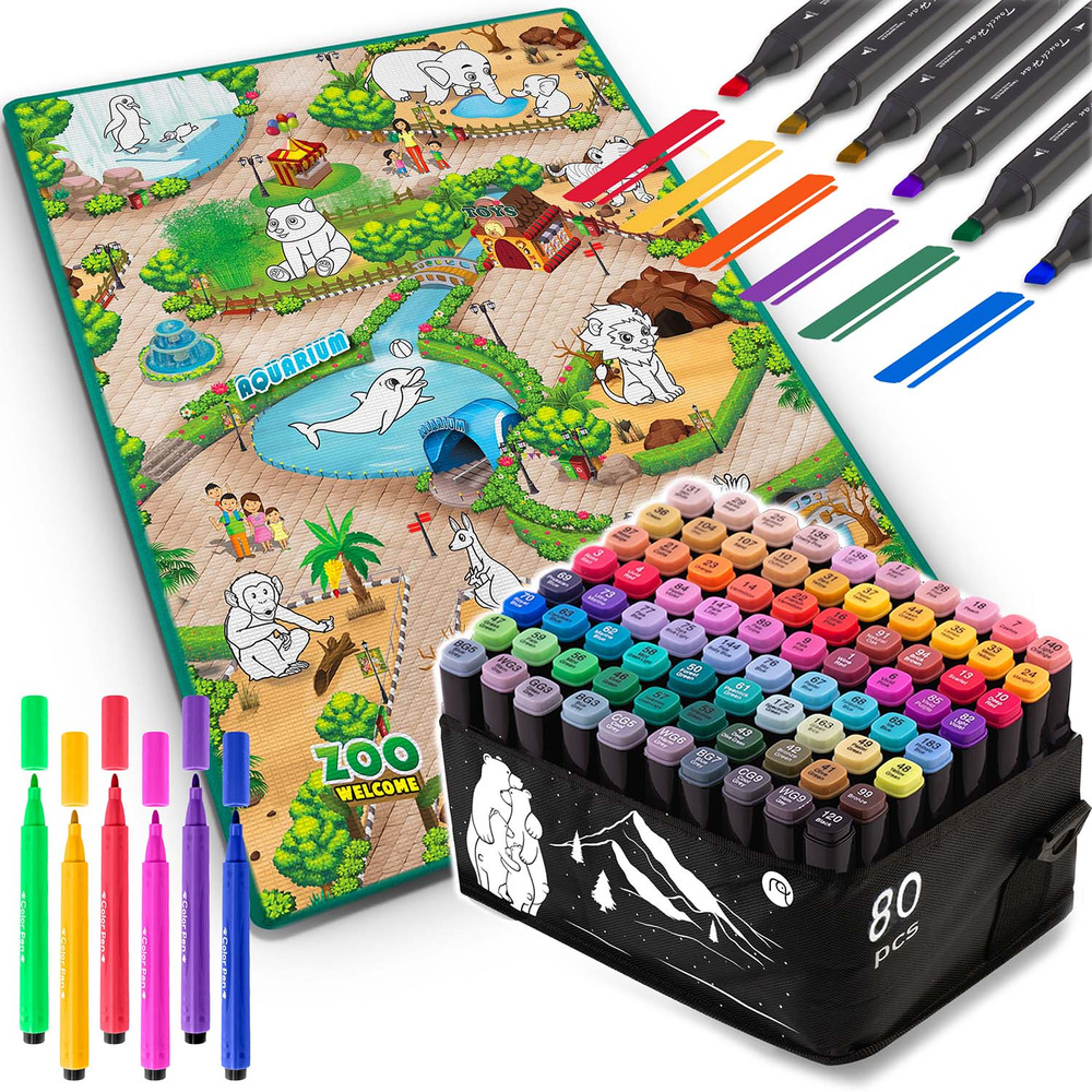 Zestaw kreatywny: 80 markerów alkoholowych + mata do kolorowania XXL 90x120 cm