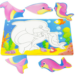Drewniana kolorowa układanka puzzle do kolorowania delfin delfinki