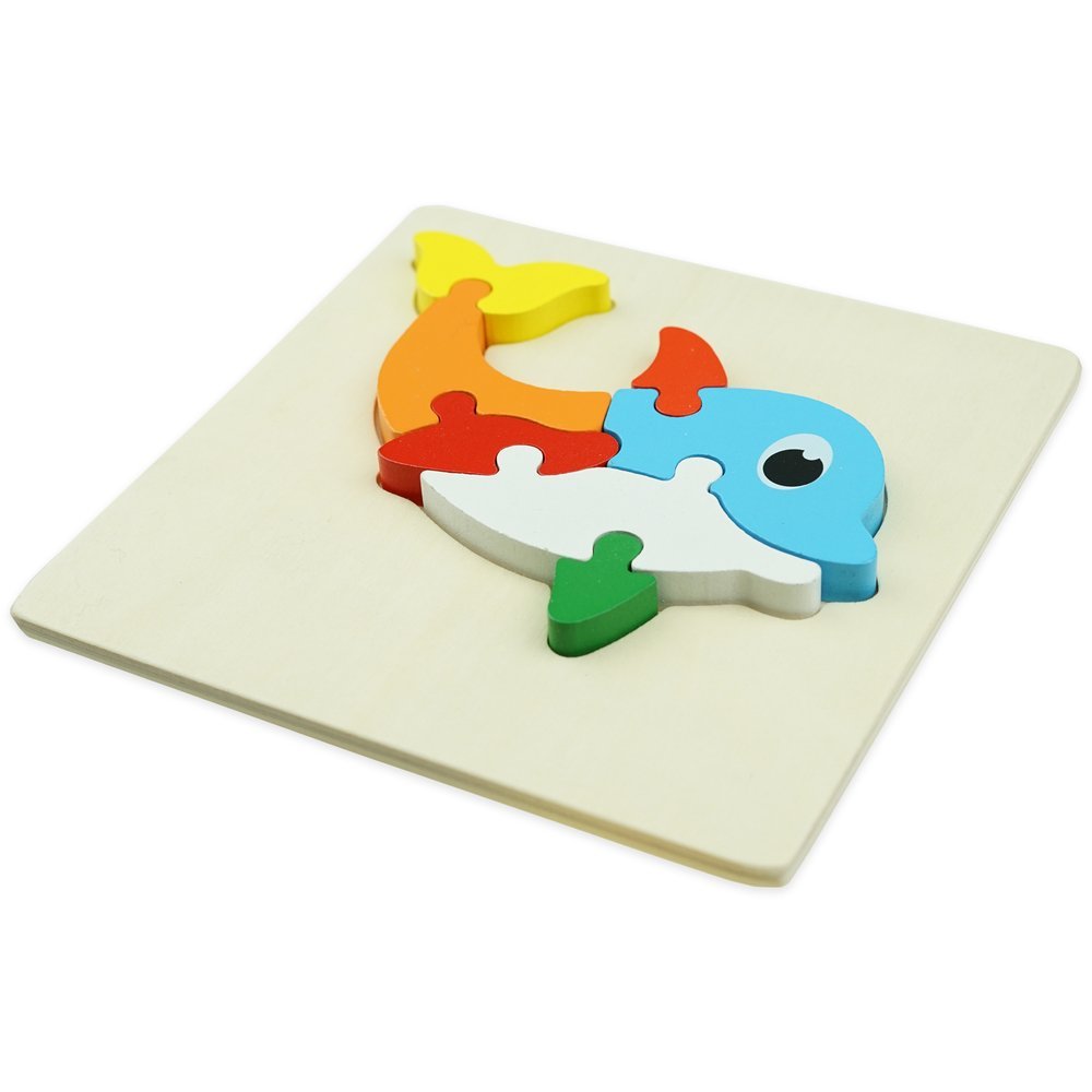 Drewniana kolorowa układanka puzzle delfin delfinek