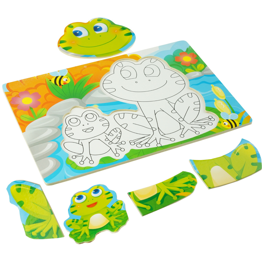 Drewniana kolorowa układanka puzzle do kolorowania żaba żabki