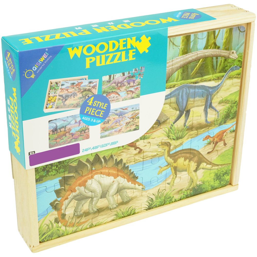 Drewniane puzzle Dinozaury kolorowa układanka 4W1 