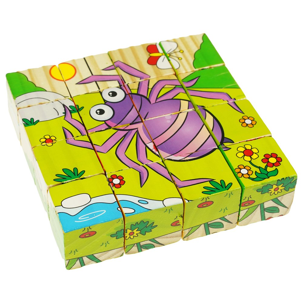 Drewniane puzzle klocki układanka edukacyjna 6W1  owady