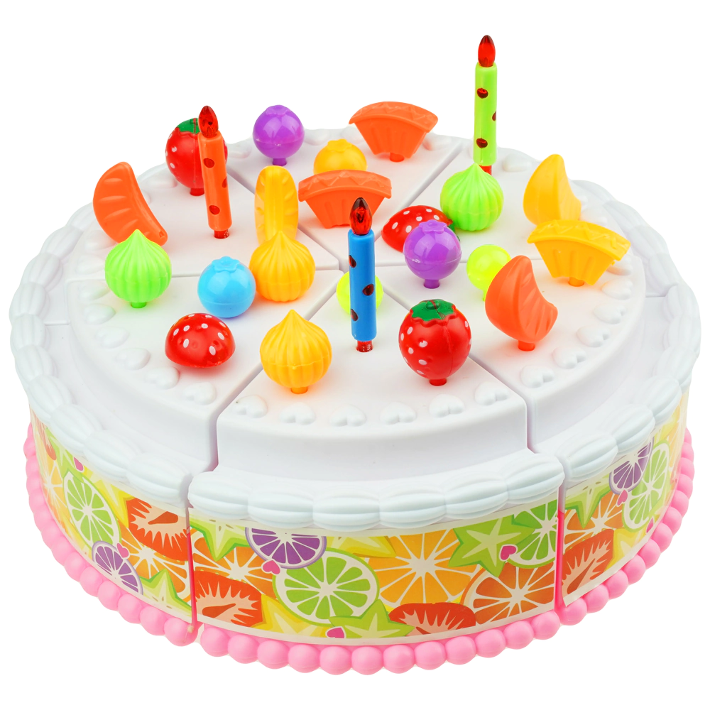 Tort urodzinowy do krojenia na rzep grający świeczki i owoce