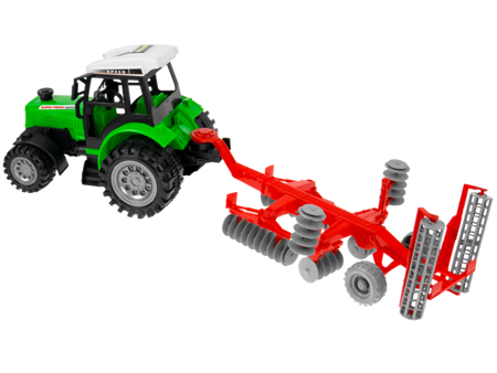 Zestaw 4 traktorów z maszynami - beczkowóz, prasa, siewnik, brony
