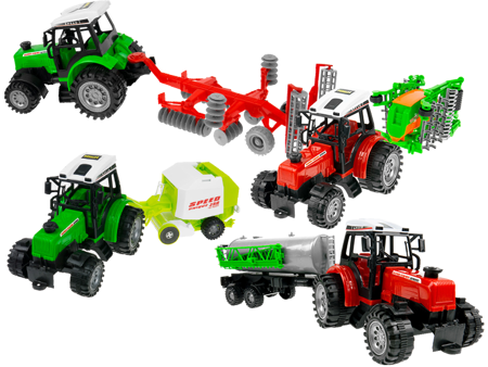 Zestaw 4 traktorów z maszynami - beczkowóz, prasa, siewnik, brony