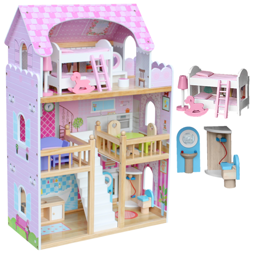 Drewniany domek dla lalek 3 poziomy - Rezydencja róż