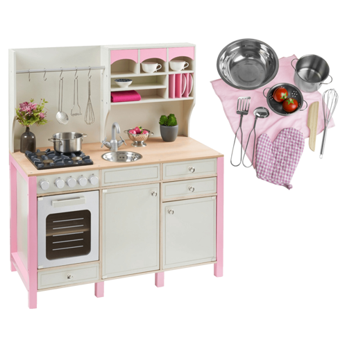 Kuchnia drewniana dla dzieci różowa - Duży zestaw OUTLET
