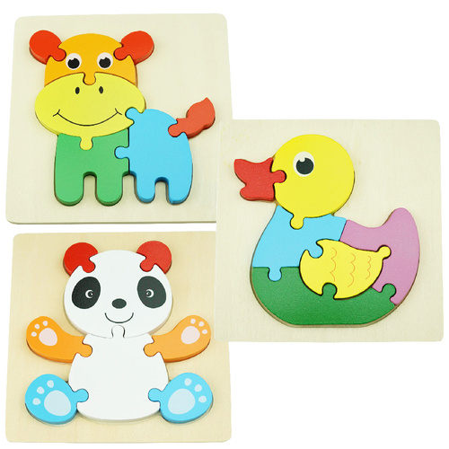 Zestaw Drewniana kolorowa 3x układanka puzzle żaba, hipopotam, panda